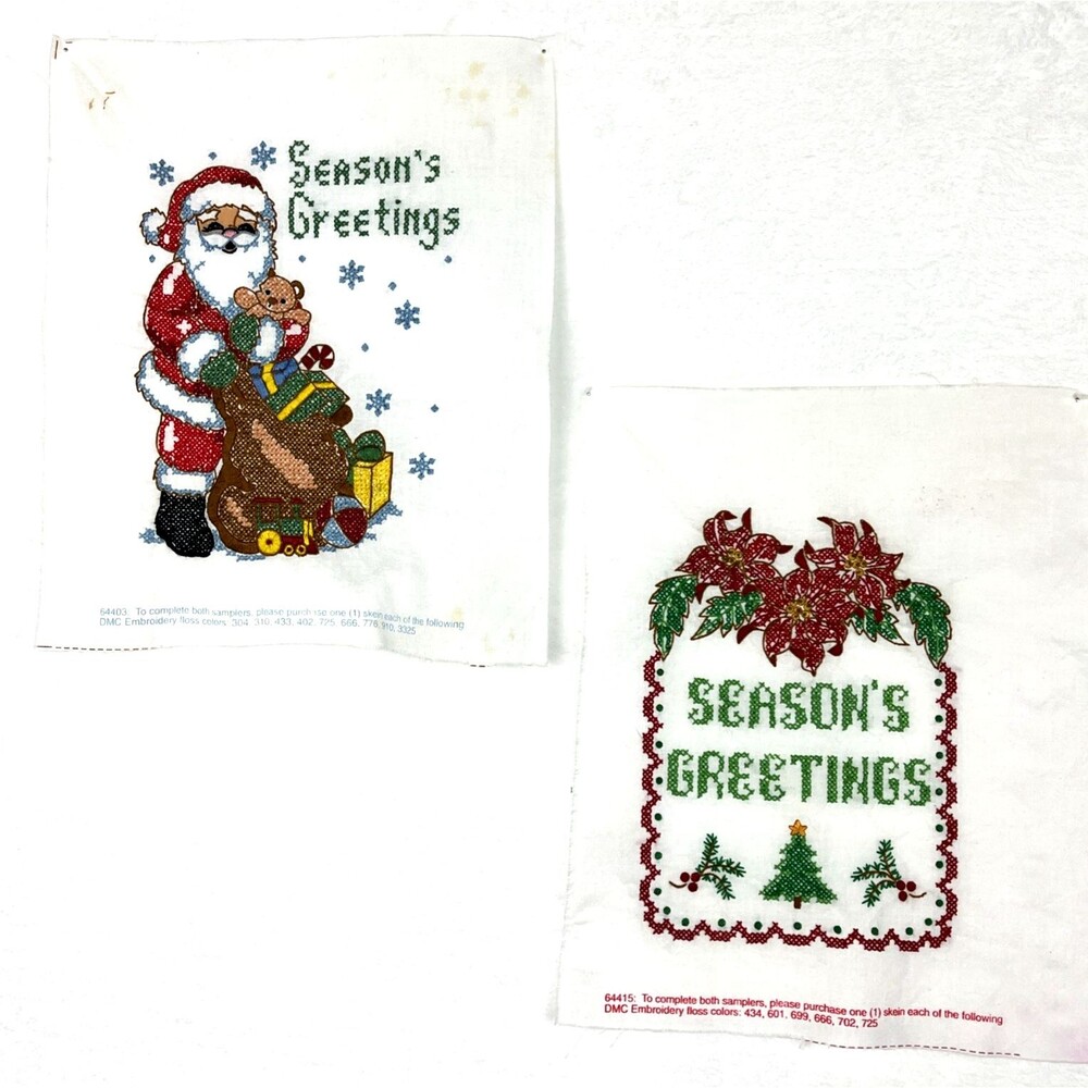 2 Christmas Cross Stitch Samplers Santa Poinsettias Seasons Greetings Finished
